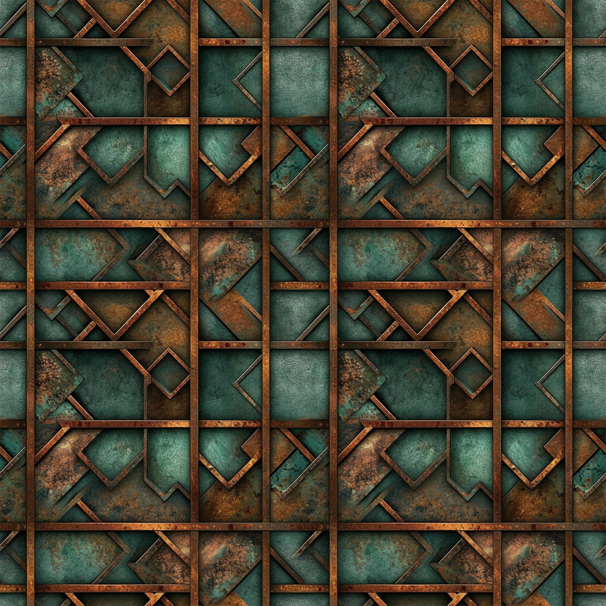 teal, copper, rust, patina, geometric squares, metallic texture, weathered metal, oxidized finish, industrial pattern, angular shapes, vintage patina, steampunk aesthetic, quilting cotton, fabric panel, geometric design, distressed metal, verdigris, bronze tones, abstract squares, aged copper