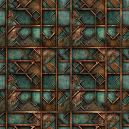 teal, copper, rust, patina, geometric squares, metallic texture, weathered metal, oxidized finish, industrial pattern, angular shapes, vintage patina, steampunk aesthetic, quilting cotton, fabric panel, geometric design, distressed metal, verdigris, bronze tones, abstract squares, aged copper