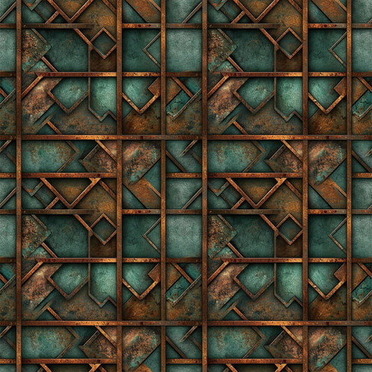 teal, copper, rust, patina, geometric squares, metallic texture, weathered metal, oxidized finish, industrial pattern, angular shapes, vintage patina, steampunk aesthetic, quilting cotton, fabric panel, geometric design, distressed metal, verdigris, bronze tones, abstract squares, aged copper