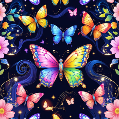 fantasy butterflies, quilting cotton, fabric panel, vibrant colors, rainbow wings, magical design, whimsical pattern, pink flowers, blue swirls, yellow butterfly, orange wings, purple butterfly, floral elements, sparkling stars, enchanted garden, colorful insects, nature motif, bright hues, decorative swirls, mystical theme