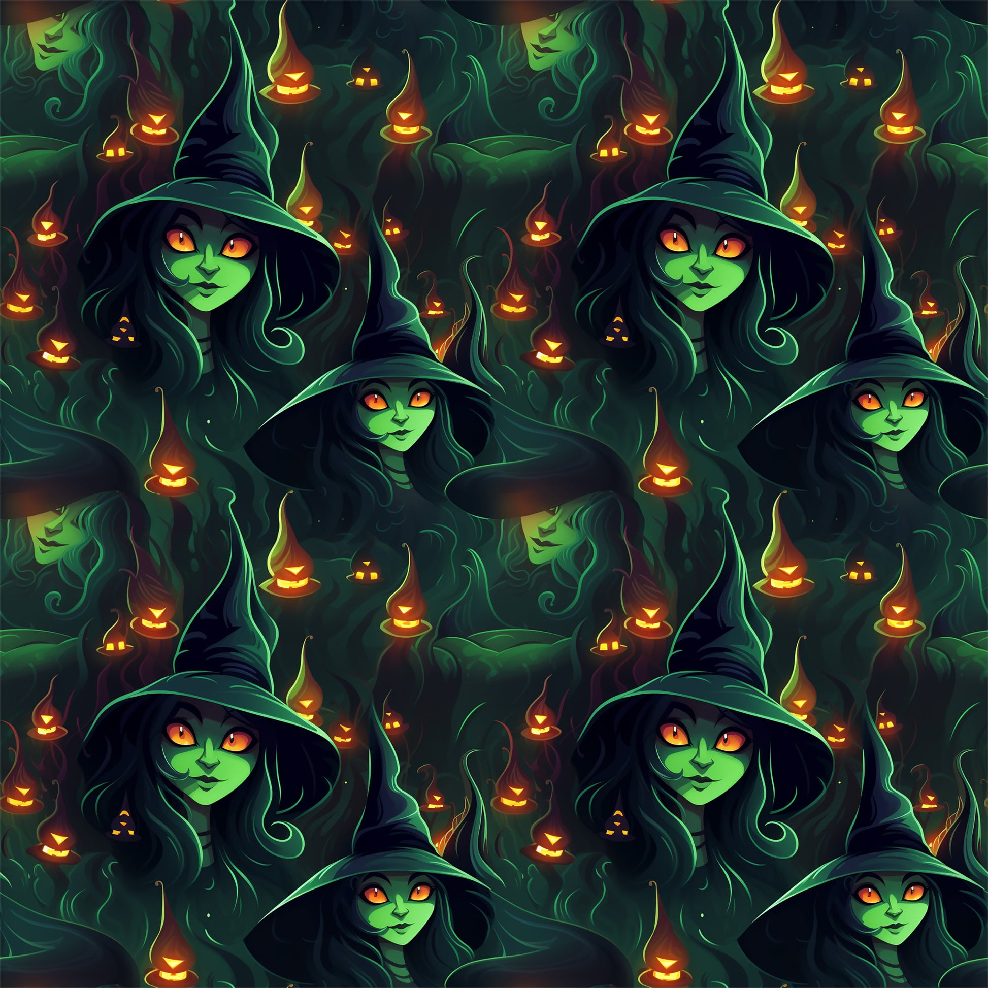 witch, halloween, green skin, orange eyes, pointed hat, jack-o'-lantern, pumpkin, spooky, dark green, orange glow, hooded figure, seamless pattern, quilting cotton, fabric panel, supernatural, eerie atmosphere, autumn theme, occult, mystical, horror motif