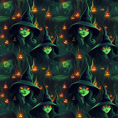 witch, halloween, green skin, orange eyes, pointed hat, jack-o'-lantern, pumpkin, spooky, dark green, orange glow, hooded figure, seamless pattern, quilting cotton, fabric panel, supernatural, eerie atmosphere, autumn theme, occult, mystical, horror motif
