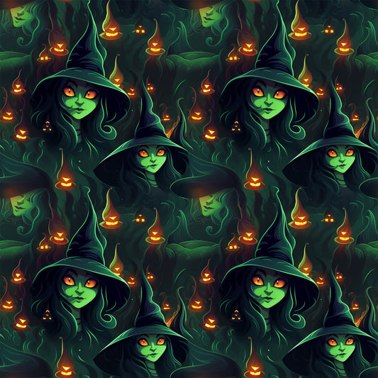 witch, halloween, green skin, orange eyes, pointed hat, jack-o'-lantern, pumpkin, spooky, dark green, orange glow, hooded figure, seamless pattern, quilting cotton, fabric panel, supernatural, eerie atmosphere, autumn theme, occult, mystical, horror motif