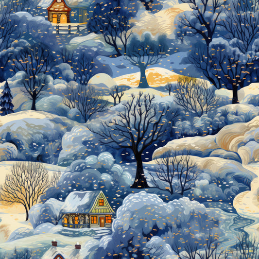 winter scene, snow-covered landscape, cozy cottages, bare trees, falling snow, dawn light, blue tones, orange glow, quilting cotton, fabric panel, whimsical houses, snowy hills, winter morning, illuminated windows, peaceful setting, stylized illustration, cold season, frosty atmosphere, cottage lights, winter wonderland