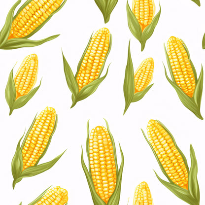 yellow corn, golden kernels, green husks, corn cobs, vegetable pattern, harvest theme, farm produce, botanical illustration, scattered layout, bright yellow, olive green, quilting cotton, fabric panel, food motif, agricultural design, summer vegetables, realistic style, repeating pattern, corn stalks, garden vegetables