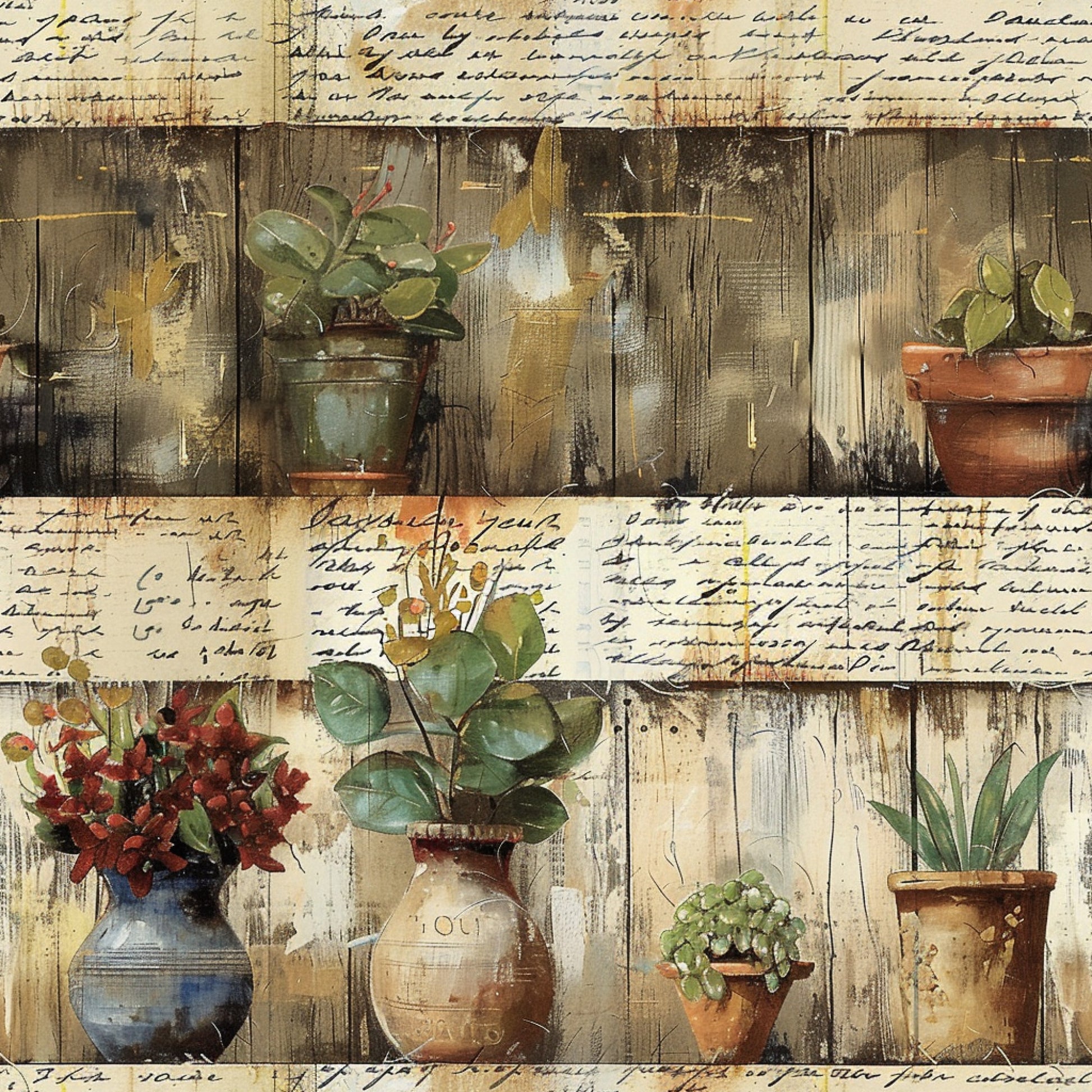 farm life, potted plants, wooden shelves, weathered wood, green foliage, terracotta pots, blue pottery, handwritten script, rustic style, garden scene, botanical elements, aged paper, vintage aesthetic, quilting cotton, fabric panel, earthy tones, brown wood grain, plant containers, country living, pastoral theme