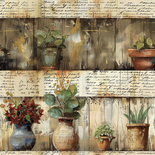 farm life, potted plants, wooden shelves, weathered wood, green foliage, terracotta pots, blue pottery, handwritten script, rustic style, garden scene, botanical elements, aged paper, vintage aesthetic, quilting cotton, fabric panel, earthy tones, brown wood grain, plant containers, country living, pastoral theme