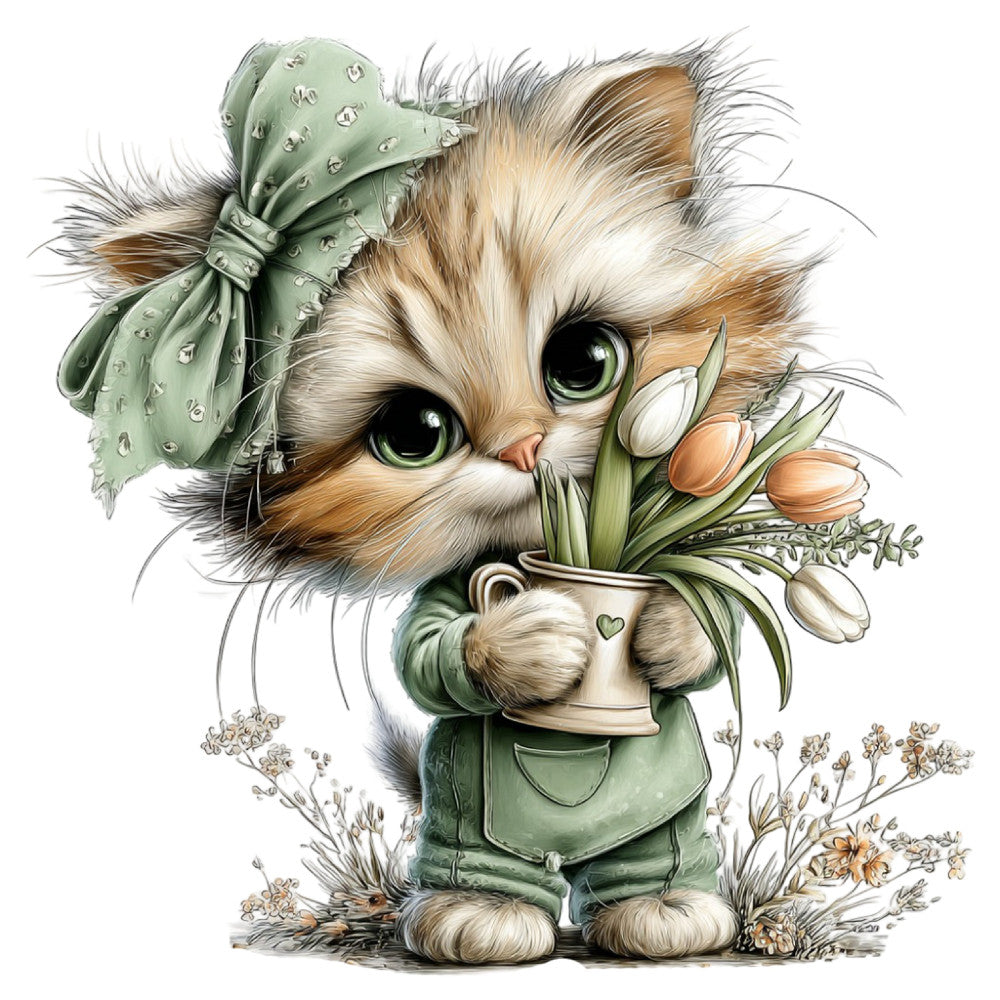 Whimsical Spring Cat Fabric Panel 31