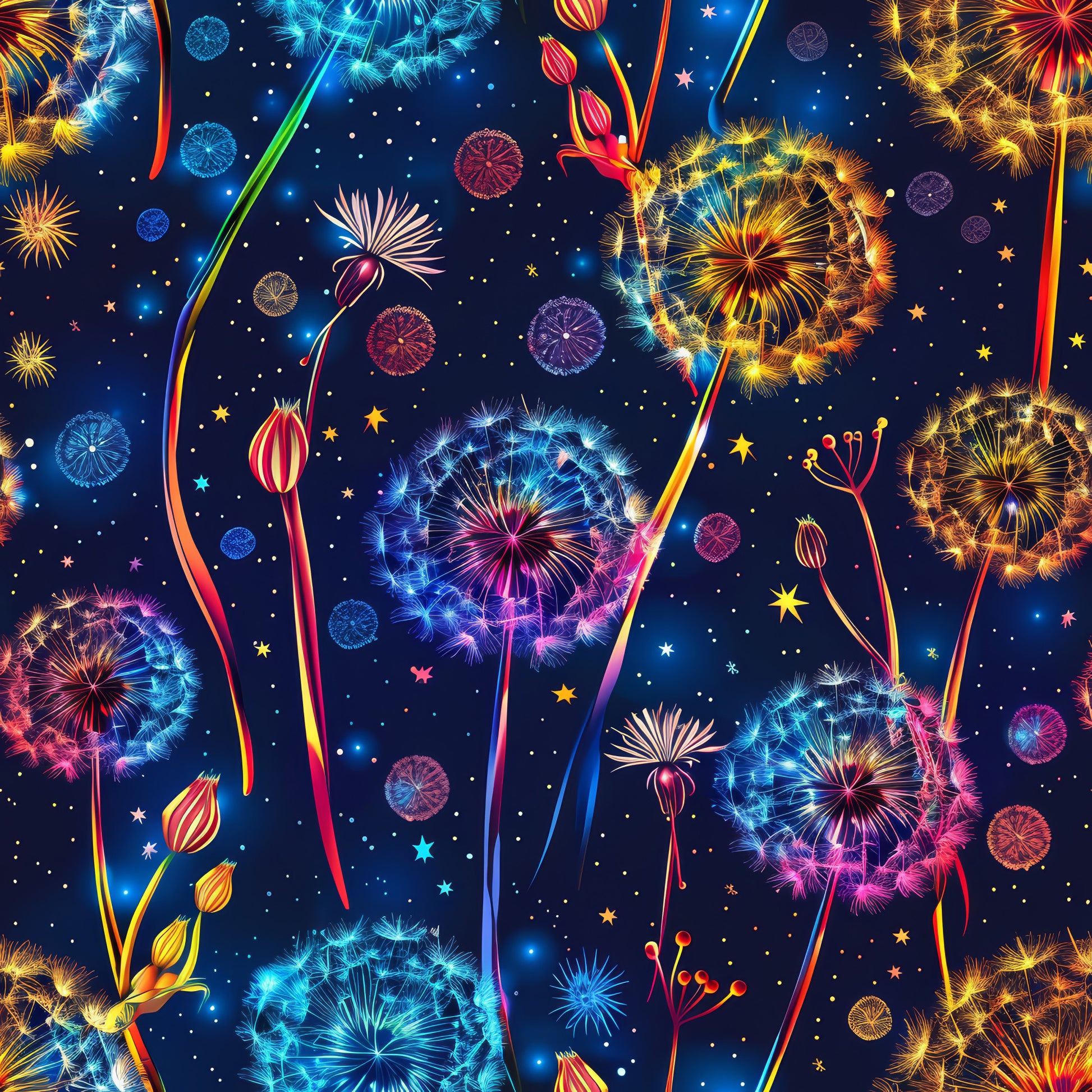 midnight blue, dandelion seeds, fireworks, golden yellow, electric blue, coral pink, starry night, botanical pattern, whimsical design, quilting cotton, fabric panel, celestial theme, flowing seeds, bright bursts, decorative florals, fantasy garden, luminous effects, night sky, scattered stars, magical blooms