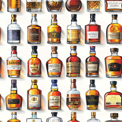 amber, whiskey bottles, brown tones, golden hues, copper colors, glass bottles, spirit collection, liquor pattern, vintage labels, distillery theme, alcohol motif, quilting cotton, fabric panel, realistic bottles, warm colors, beverage design, scottish theme, bottle shapes, liquid amber, distilled spirits