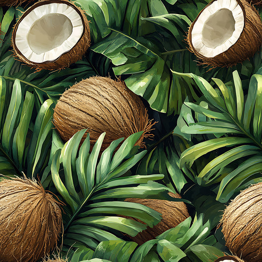 tropical leaves, coconut pattern, palm fronds, brown coconuts, green foliage, jungle theme, botanical design, quilting cotton, fabric panel, tropical paradise, exotic fruits, lush vegetation, island vibes, summer motif, nature pattern, vibrant greens, earth tones, coconut halves, tropical flora, beach theme