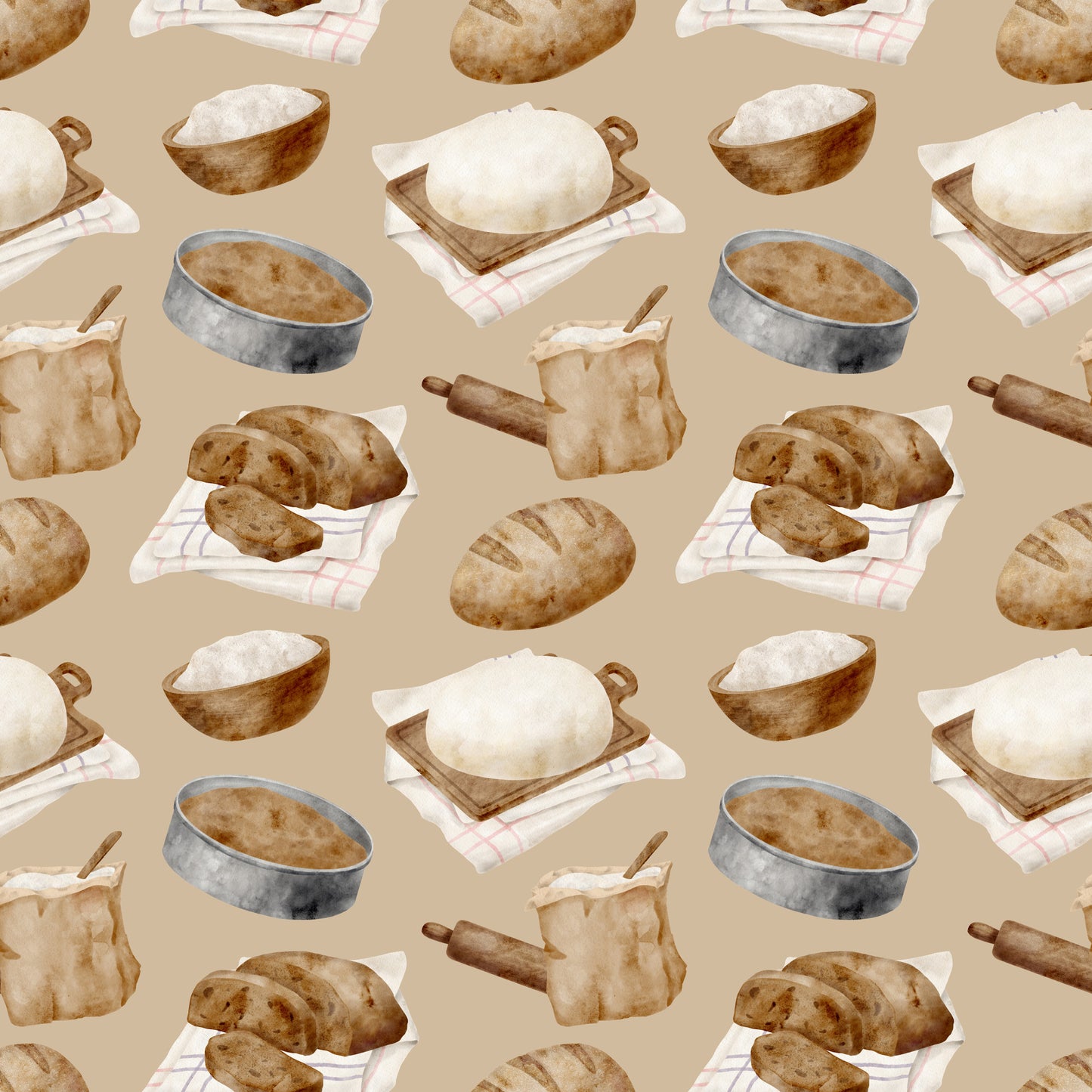 watercolor, baking pattern, beige background, tan, cream, brown, bread loaves, rolling pins, mixing bowls, flour sacks, checkered towels, kitchen utensils, baking tools, rustic style, artisan bread, sourdough, culinary theme, quilting cotton, fabric panel, cooking motif, bakery items, soft pastels, repeating pattern, food illustration