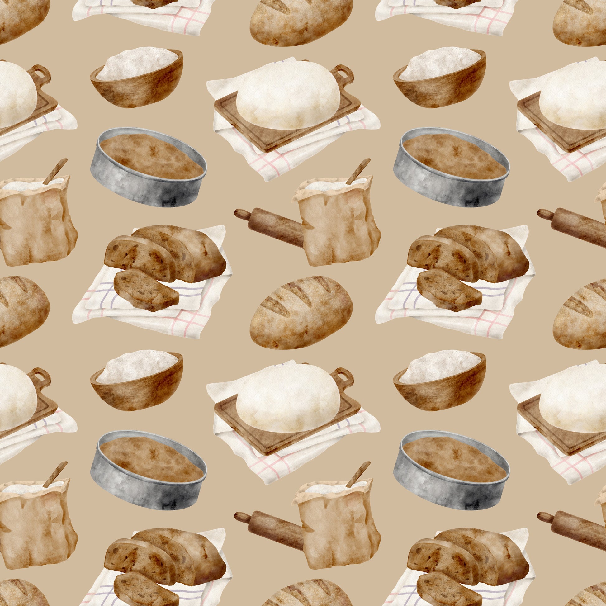 watercolor, baking pattern, beige background, tan, cream, brown, bread loaves, rolling pins, mixing bowls, flour sacks, checkered towels, kitchen utensils, baking tools, rustic style, artisan bread, sourdough, culinary theme, quilting cotton, fabric panel, cooking motif, bakery items, soft pastels, repeating pattern, food illustration