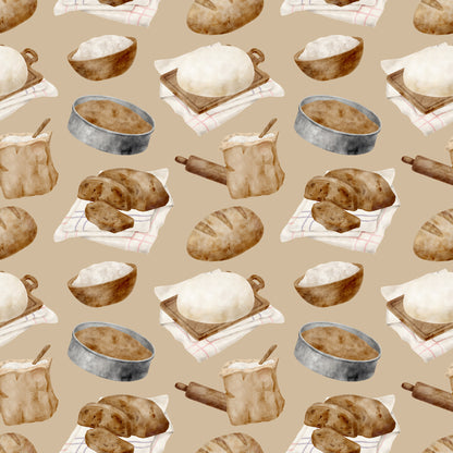 watercolor, baking pattern, beige background, tan, cream, brown, bread loaves, rolling pins, mixing bowls, flour sacks, checkered towels, kitchen utensils, baking tools, rustic style, artisan bread, sourdough, culinary theme, quilting cotton, fabric panel, cooking motif, bakery items, soft pastels, repeating pattern, food illustration