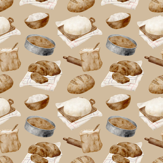 watercolor, baking pattern, beige background, tan, cream, brown, bread loaves, rolling pins, mixing bowls, flour sacks, checkered towels, kitchen utensils, baking tools, rustic style, artisan bread, sourdough, culinary theme, quilting cotton, fabric panel, cooking motif, bakery items, soft pastels, repeating pattern, food illustration