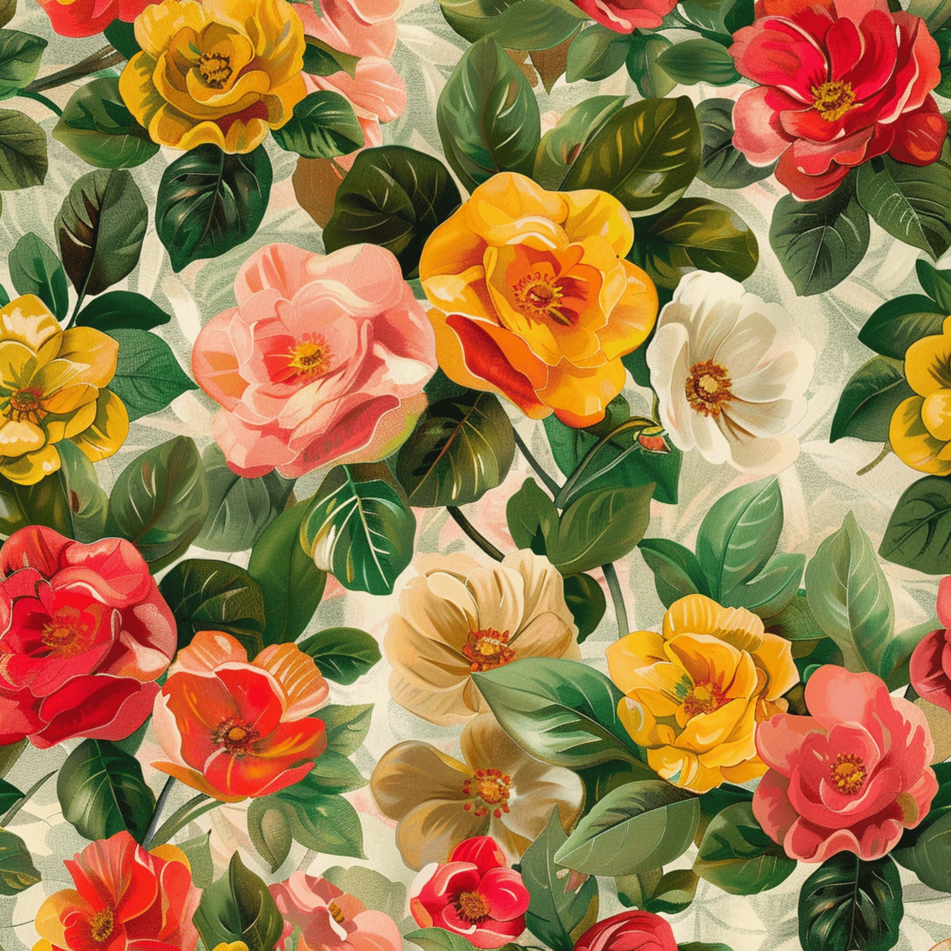 realistic flowers, floral pattern, roses, blooms, coral pink, golden yellow, cream white, red flowers, green leaves, botanical design, quilting cotton, fabric panel, vintage style, romantic mood, garden flowers, layered petals, natural elements, warm colors, repeating pattern, spring theme