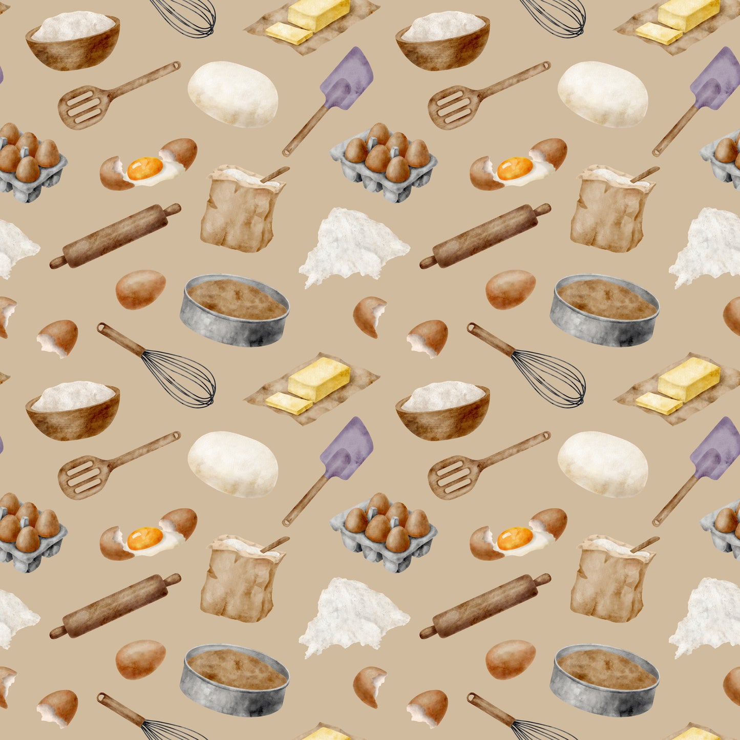 watercolor, baking pattern, quilting cotton, fabric panel, beige background, tan, cream, brown, yellow butter, purple spatula, kitchen utensils, eggs, flour bowl, rolling pin, whisk, baking ingredients, food illustration, cooking theme, repeating pattern, soft pastels, culinary motifs