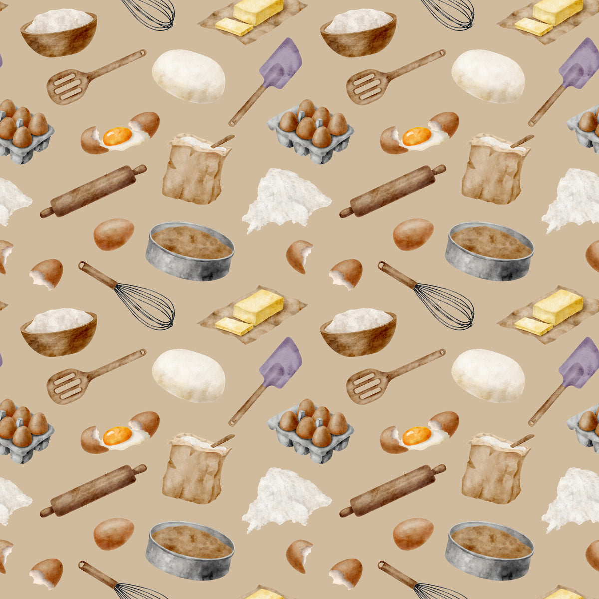 watercolor, baking pattern, quilting cotton, fabric panel, beige background, tan, cream, brown, yellow butter, purple spatula, kitchen utensils, eggs, flour bowl, rolling pin, whisk, baking ingredients, food illustration, cooking theme, repeating pattern, soft pastels, culinary motifs