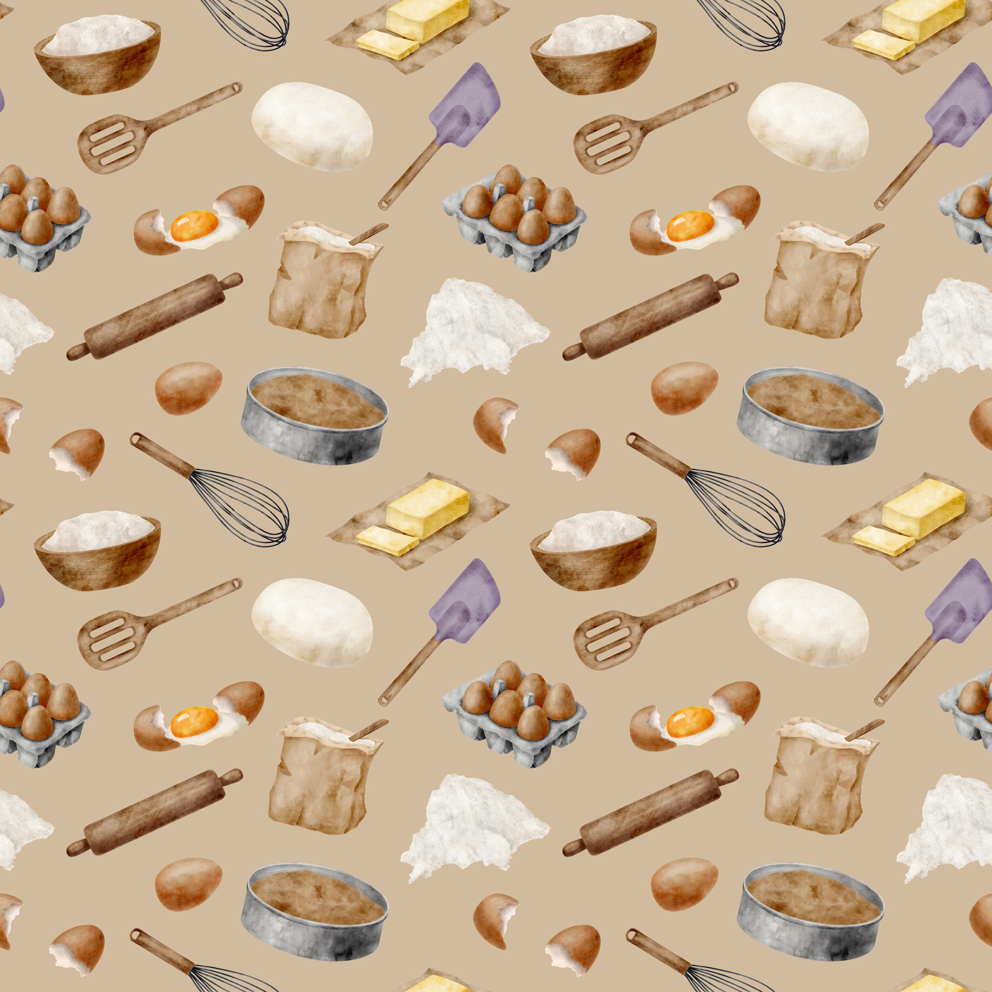 watercolor, baking pattern, quilting cotton, fabric panel, beige background, tan, cream, brown, yellow butter, purple spatula, kitchen utensils, eggs, flour bowl, rolling pin, whisk, baking ingredients, food illustration, cooking theme, repeating pattern, soft pastels, culinary motifs