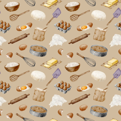 watercolor, baking pattern, quilting cotton, fabric panel, beige background, tan, cream, brown, yellow butter, purple spatula, kitchen utensils, eggs, flour bowl, rolling pin, whisk, baking ingredients, food illustration, cooking theme, repeating pattern, soft pastels, culinary motifs