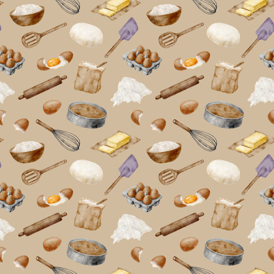 watercolor, baking pattern, quilting cotton, fabric panel, beige background, tan, cream, brown, yellow butter, purple spatula, kitchen utensils, eggs, flour bowl, rolling pin, whisk, baking ingredients, food illustration, cooking theme, repeating pattern, soft pastels, culinary motifs