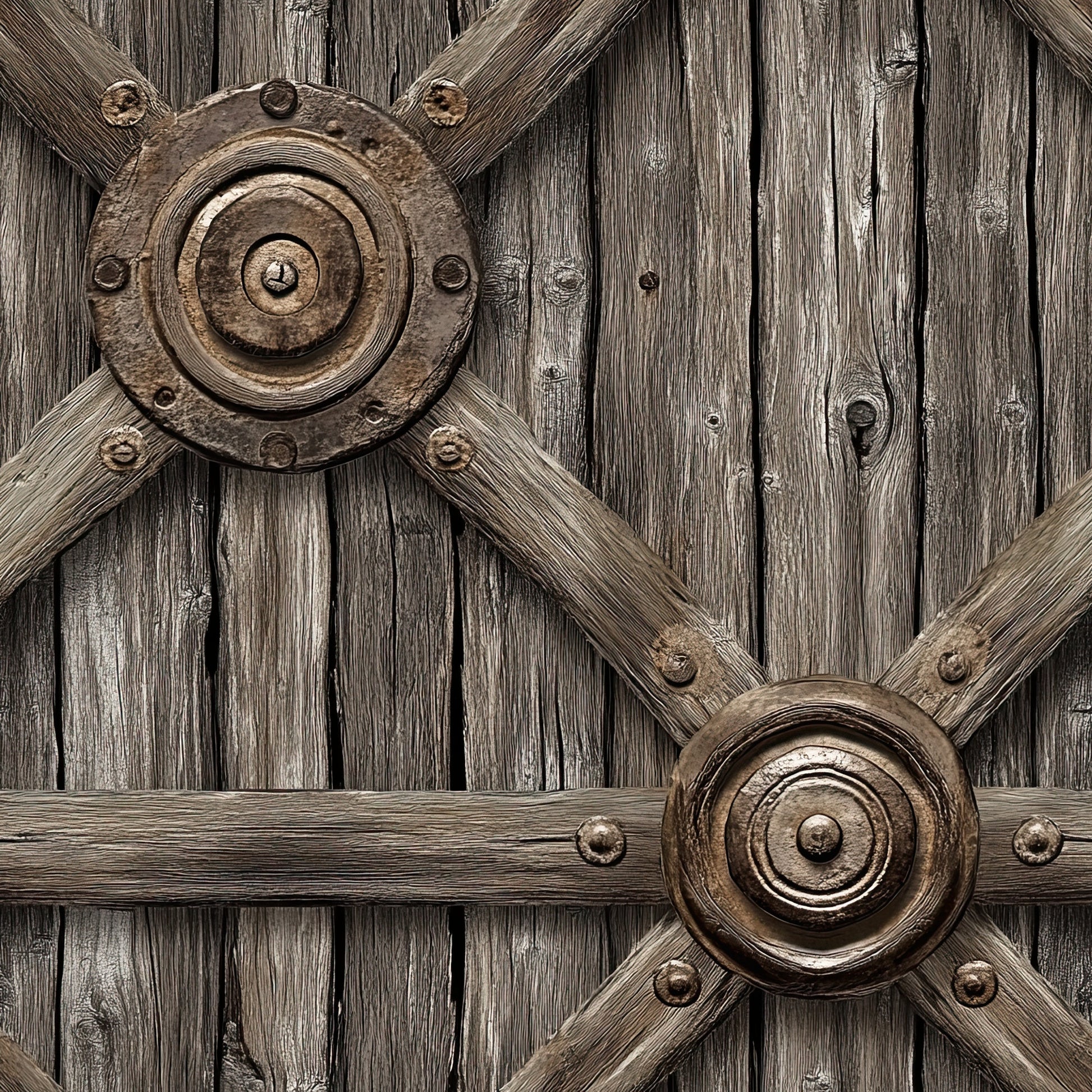 rustic brown, weathered wood, wagon wheels, metal hardware, western theme, frontier style, vintage texture, sepia tones, quilting cotton, fabric panel, cowboy era, pioneer life, antique finish, distressed appearance, rustic charm, old west, wooden planks, iron accents, historical motif