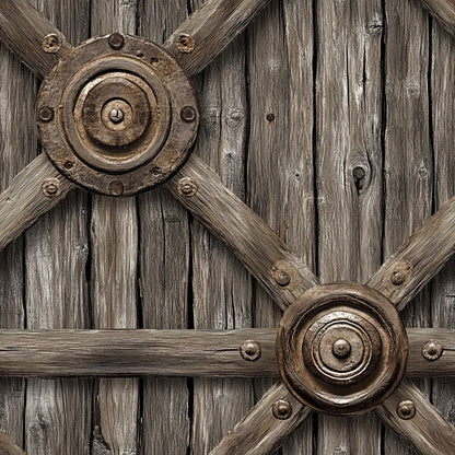 rustic brown, weathered wood, wagon wheels, metal hardware, western theme, frontier style, vintage texture, sepia tones, quilting cotton, fabric panel, cowboy era, pioneer life, antique finish, distressed appearance, rustic charm, old west, wooden planks, iron accents, historical motif