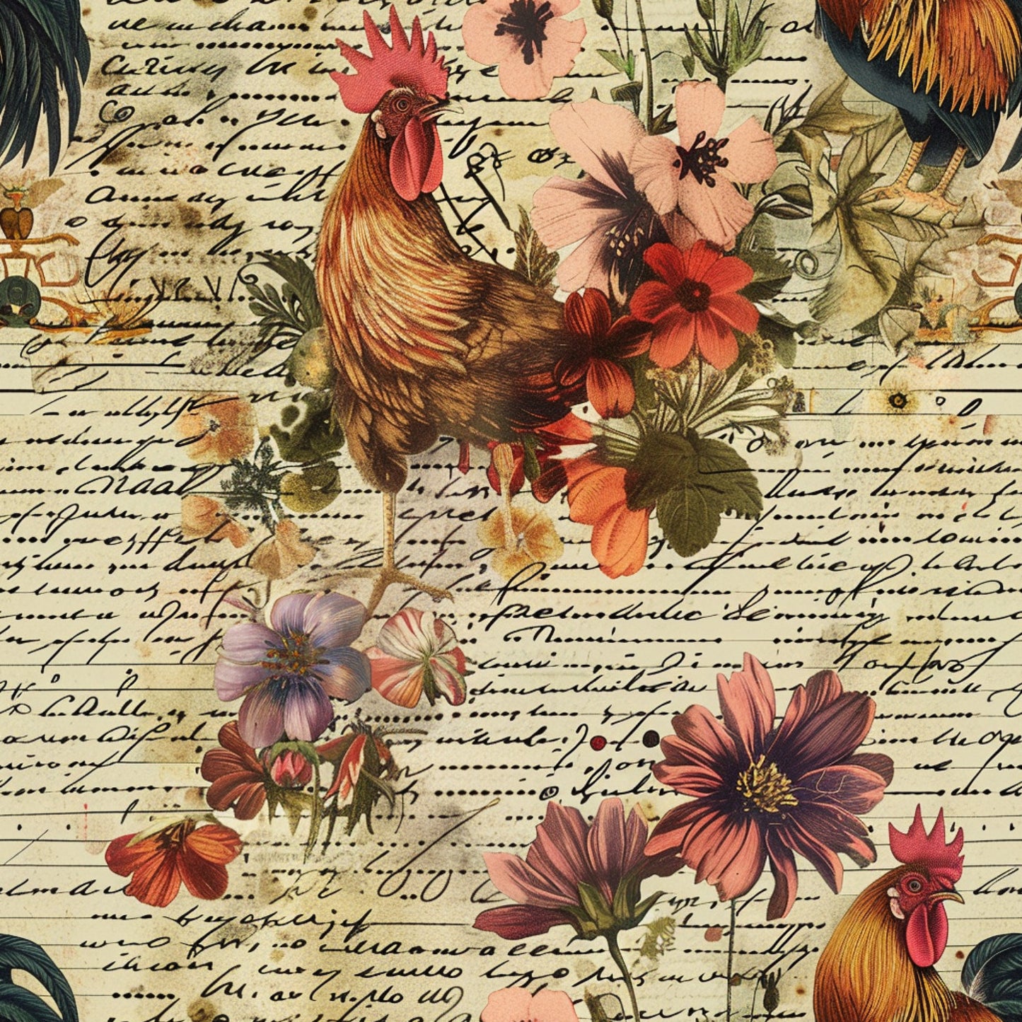 rooster, farm animals, tropical flowers, hibiscus, vintage script, handwritten text, coral pink, russet brown, olive green, cream background, botanical elements, country farm, quilting cotton, fabric panel, nostalgic style, floral motifs, poultry design, mixed media collage, warm earth tones, cottage core