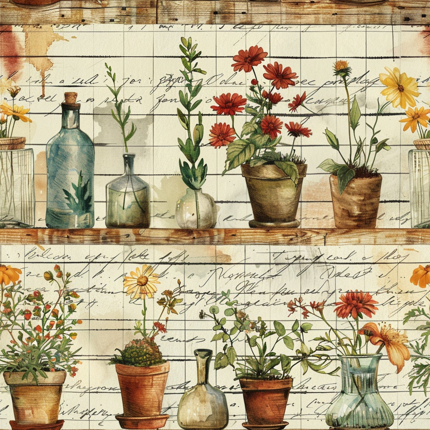 botanical illustrations, terracotta pots, glass bottles, vintage florals, grid background, handwritten script, watercolor style, garden theme, potted plants, amber yellow, rustic brown, sage green, coral red, quilting cotton, fabric panel, cottage core, herbarium, apothecary jars, wildflowers, farm life