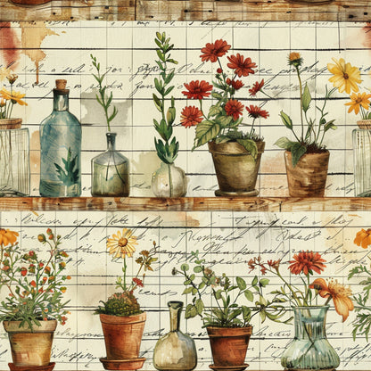 botanical illustrations, terracotta pots, glass bottles, vintage florals, grid background, handwritten script, watercolor style, garden theme, potted plants, amber yellow, rustic brown, sage green, coral red, quilting cotton, fabric panel, cottage core, herbarium, apothecary jars, wildflowers, farm life