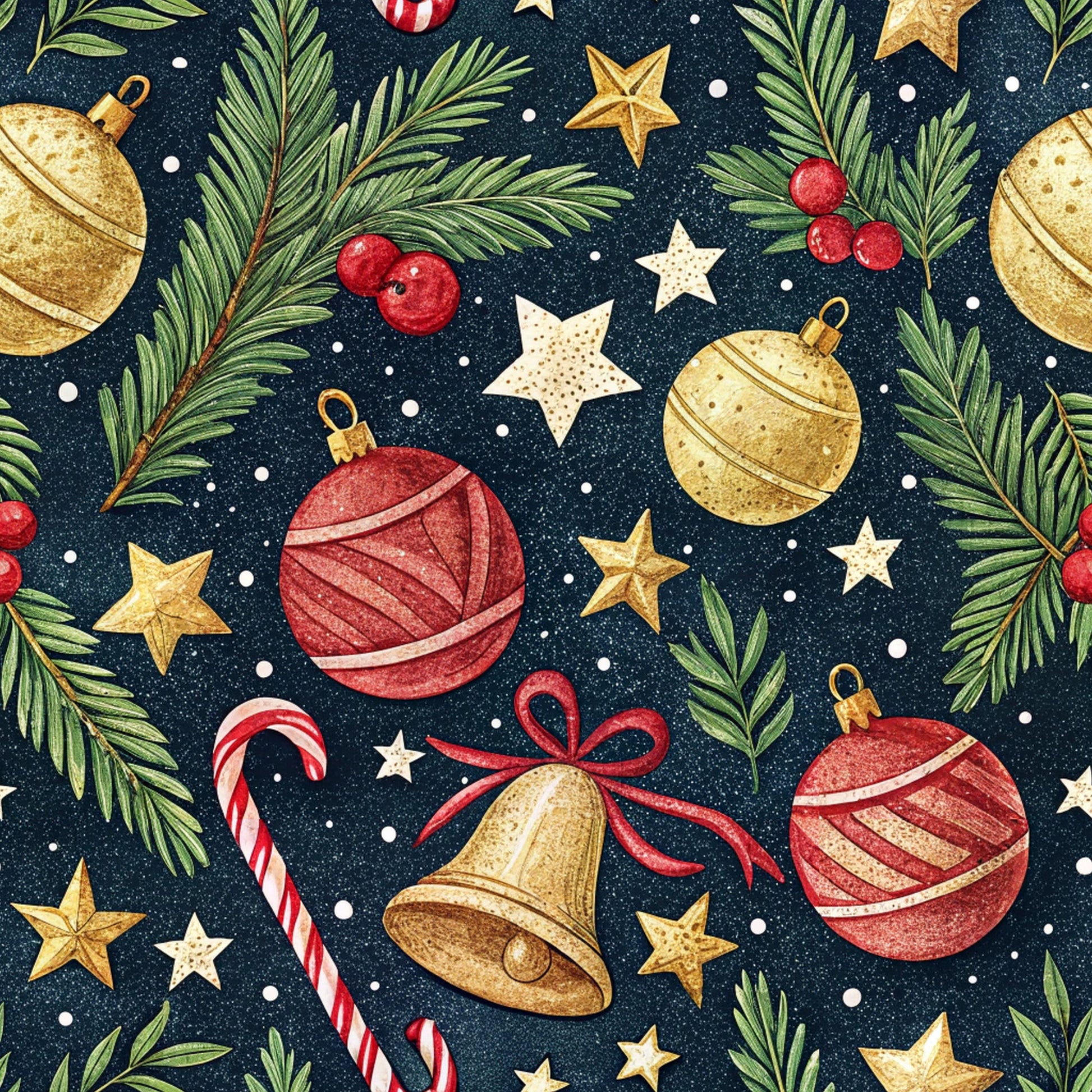 christmas ornaments, navy blue background, gold baubles, red ornaments, evergreen branches, candy canes, golden stars, white stars, holly berries, golden bell, red ribbon, quilting cotton, fabric panel, winter pattern, holiday theme, festive design, watercolor style, seamless repeat, christmas decorations, pine needles