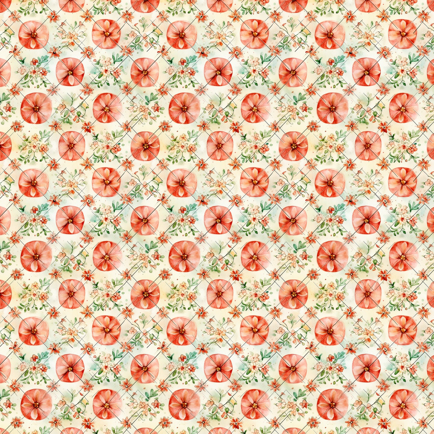 coral flowers, peach blossoms, sage green leaves, cream background, watercolor style, botanical pattern, floral motif, quilting cotton, fabric panel, vintage inspired, shabby chic, rustic design, repeating pattern, delicate florals, soft pastels, spring themed, garden flowers, textile design, crafting fabric
