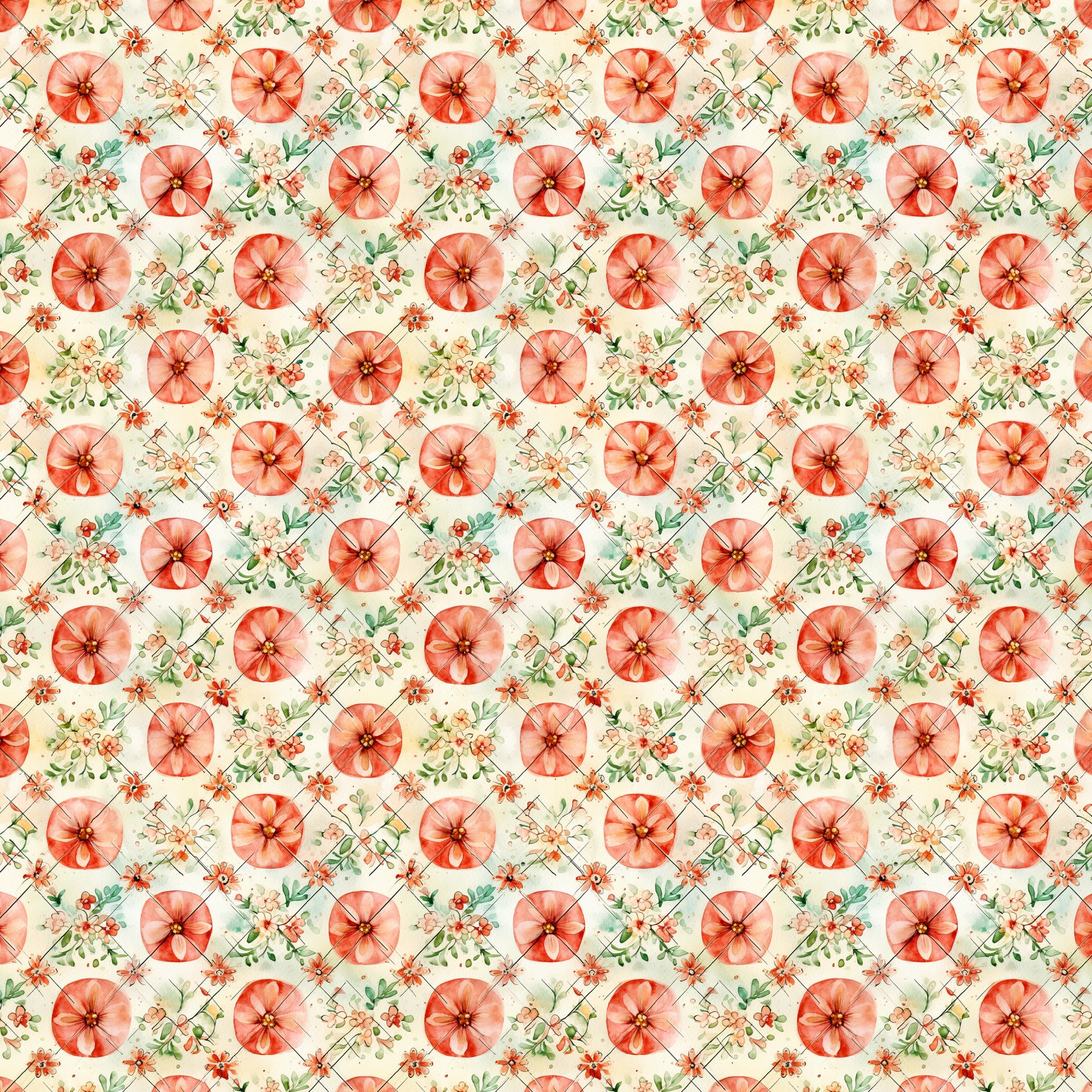 coral flowers, peach blossoms, sage green leaves, cream background, watercolor style, botanical pattern, floral motif, quilting cotton, fabric panel, vintage inspired, shabby chic, rustic design, repeating pattern, delicate florals, soft pastels, spring themed, garden flowers, textile design, crafting fabric