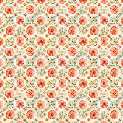 coral flowers, peach blossoms, sage green leaves, cream background, watercolor style, botanical pattern, floral motif, quilting cotton, fabric panel, vintage inspired, shabby chic, rustic design, repeating pattern, delicate florals, soft pastels, spring themed, garden flowers, textile design, crafting fabric