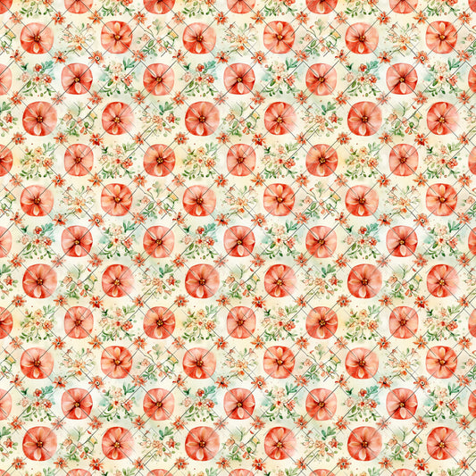 coral flowers, peach blossoms, sage green leaves, cream background, watercolor style, botanical pattern, floral motif, quilting cotton, fabric panel, vintage inspired, shabby chic, rustic design, repeating pattern, delicate florals, soft pastels, spring themed, garden flowers, textile design, crafting fabric