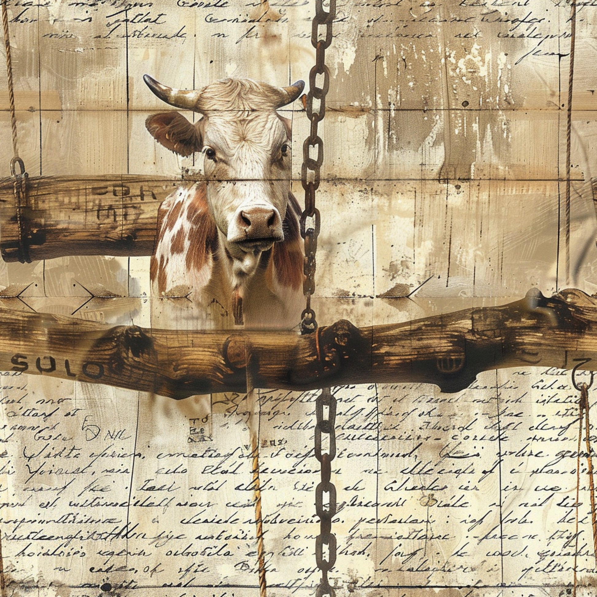 farm animals, cow portrait, brown and white, sepia tones, rustic wood, vintage chains, handwritten text, weathered background, quilting cotton, fabric panel, country style, barnyard theme, aged patina, distressed finish, pastoral scene, neutral palette, farming motif, livestock imagery, worn textures, rural charm