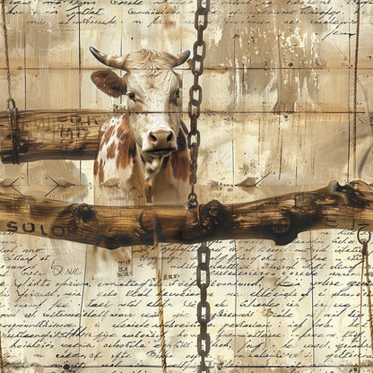 farm animals, cow portrait, brown and white, sepia tones, rustic wood, vintage chains, handwritten text, weathered background, quilting cotton, fabric panel, country style, barnyard theme, aged patina, distressed finish, pastoral scene, neutral palette, farming motif, livestock imagery, worn textures, rural charm