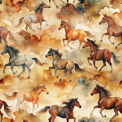 wild horses, running horses, watercolor style, brown tones, tan colors, cream background, orange hues, gray horses, chestnut horses, galloping motion, equestrian theme, western motif, seamless pattern, quilting cotton, fabric panel, artistic brushstrokes, dynamic movement, horse silhouettes, warm palette, dusty atmosphere