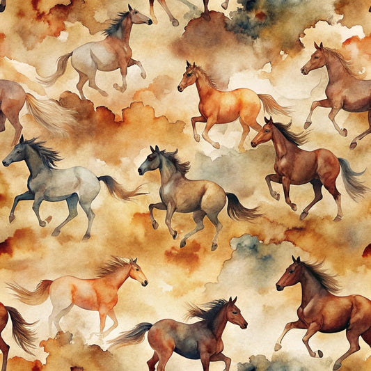 wild horses, running horses, watercolor style, brown tones, tan colors, cream background, orange hues, gray horses, chestnut horses, galloping motion, equestrian theme, western motif, seamless pattern, quilting cotton, fabric panel, artistic brushstrokes, dynamic movement, horse silhouettes, warm palette, dusty atmosphere