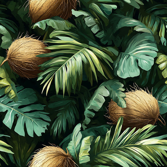 coconut jungle, tropical leaves, palm fronds, monstera leaves, forest green, sage green, brown coconuts, golden brown, natural fibers, botanical pattern, tropical paradise, lush foliage, rainforest motif, quilting cotton, fabric panel, exotic plants, island vibes, summer tropical, dense vegetation, tropical botanical