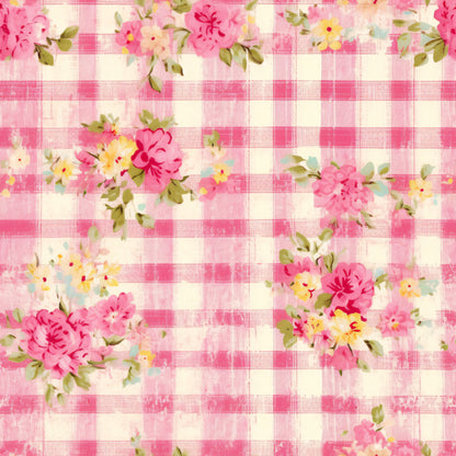 pink, white, cream, yellow, green, plaid, gingham, floral, roses, flowers, leaves, cottage core, shabby chic, vintage style, quilting cotton, fabric panel, country style, feminine, soft pastels, distressed texture
