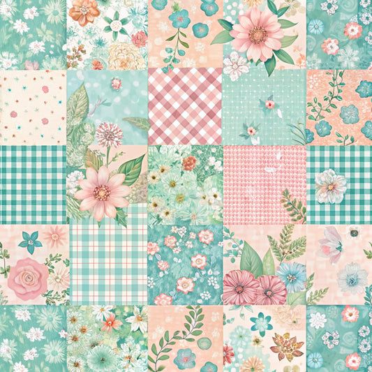 mint green, coral pink, peach, floral motifs, gingham checks, polka dots, spring flowers, roses, daisies, botanical leaves, patchwork squares, quilting cotton, fabric panel, cottage core, vintage style, pastel palette, garden blooms, coordinating prints, crafting material, sewing supplies
