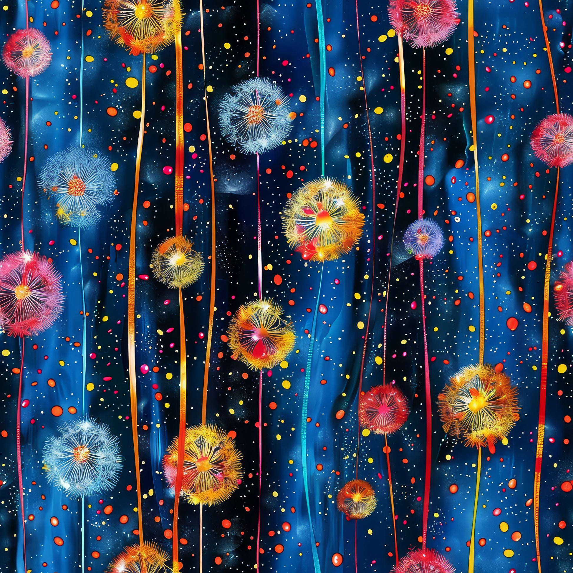midnight blue, navy background, dandelion seeds, wishful flowers, colorful dots, confetti scattered, vertical streaks, whimsical pattern, nature inspired, quilting cotton, fabric panel, pink dandelions, yellow blooms, orange flowers, blue petals, magical mood, dreamy atmosphere, botanical design, seed heads, floating elements