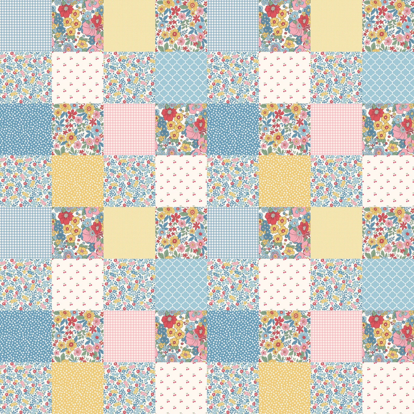 patchwork, quilting cotton, fabric panel, floral motifs, gingham, polka dots, geometric patterns, blue, pink, yellow, white, cottage core, vintage style, small flowers, ditsy print, quatrefoil, checkerboard, pastel colors, spring theme, handmade aesthetic