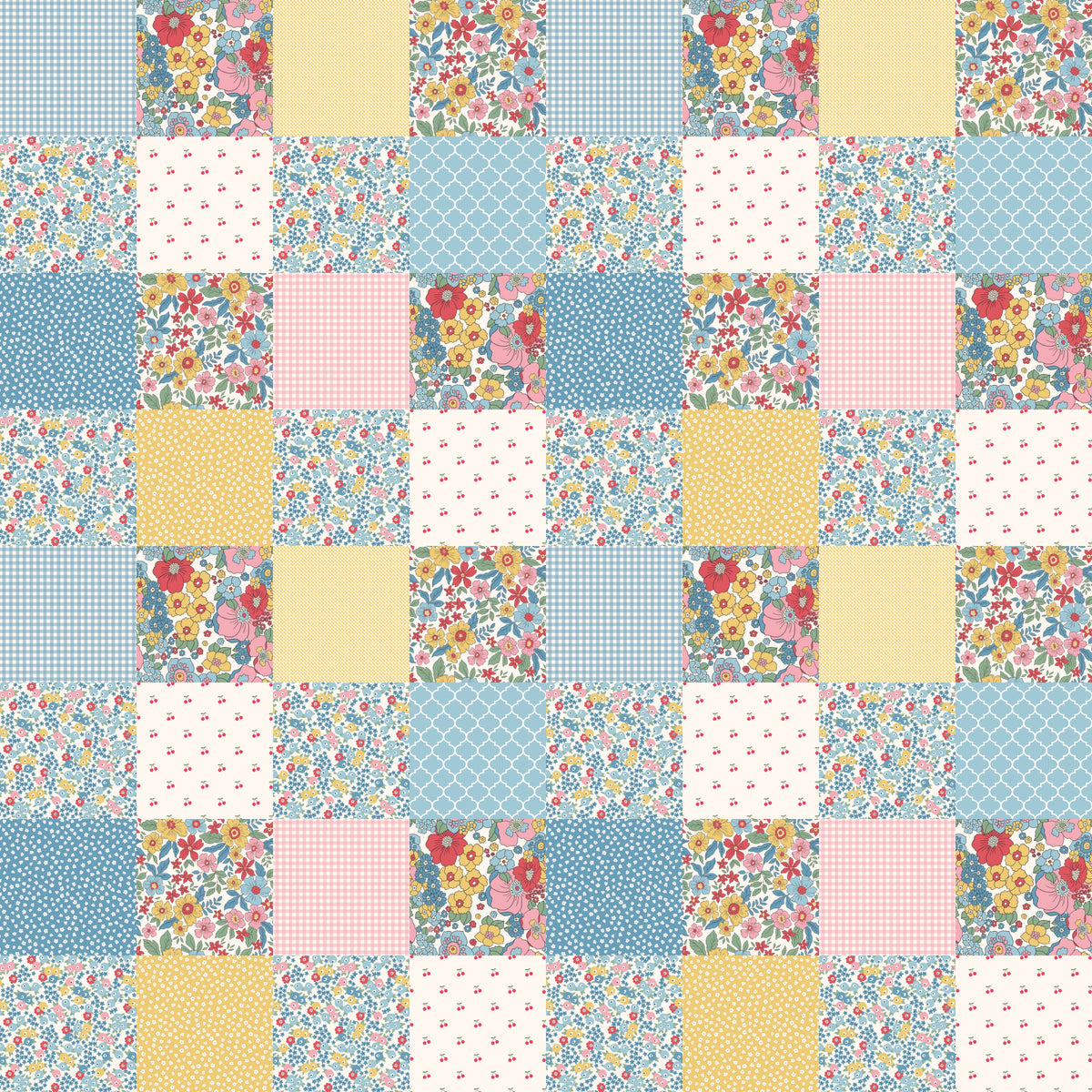 patchwork, quilting cotton, fabric panel, floral motifs, gingham, polka dots, geometric patterns, blue, pink, yellow, white, cottage core, vintage style, small flowers, ditsy print, quatrefoil, checkerboard, pastel colors, spring theme, handmade aesthetic