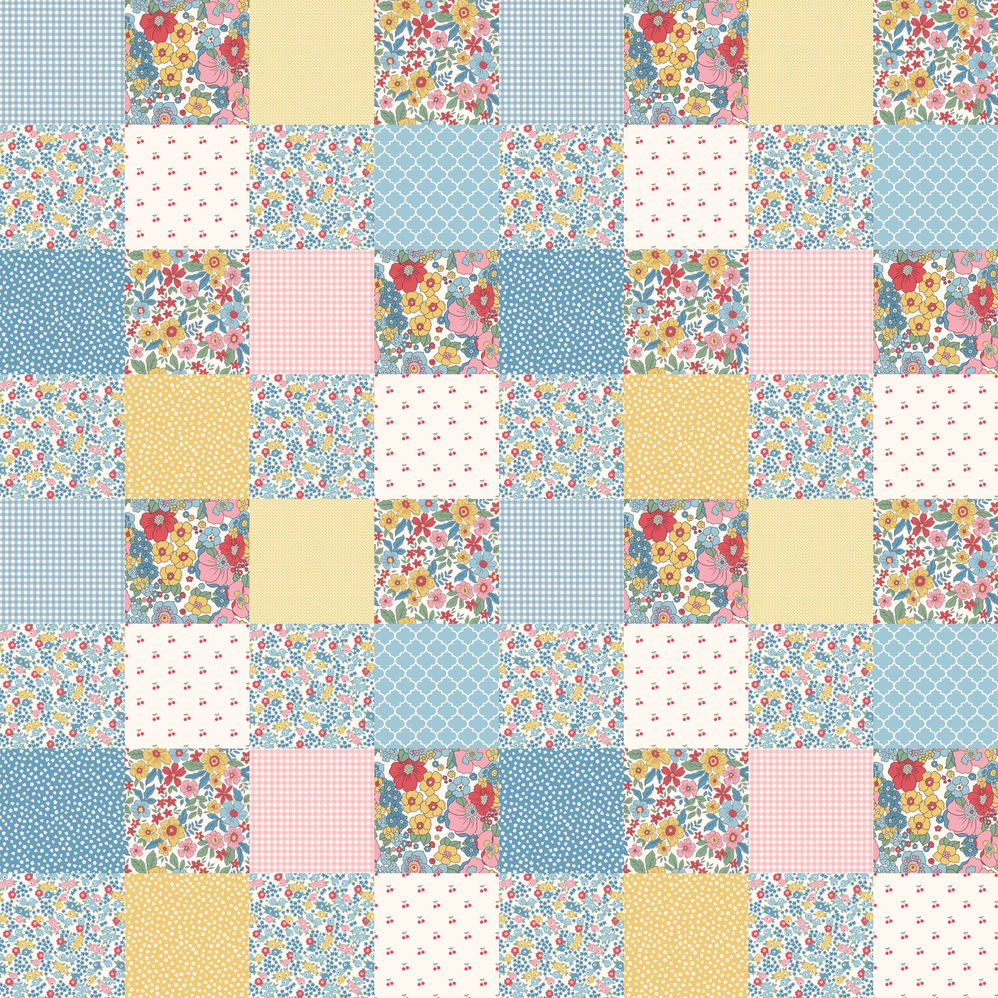 patchwork, quilting cotton, fabric panel, floral motifs, gingham, polka dots, geometric patterns, blue, pink, yellow, white, cottage core, vintage style, small flowers, ditsy print, quatrefoil, checkerboard, pastel colors, spring theme, handmade aesthetic