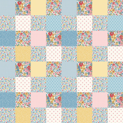 patchwork, quilting cotton, fabric panel, floral motifs, gingham, polka dots, geometric patterns, blue, pink, yellow, white, cottage core, vintage style, small flowers, ditsy print, quatrefoil, checkerboard, pastel colors, spring theme, handmade aesthetic