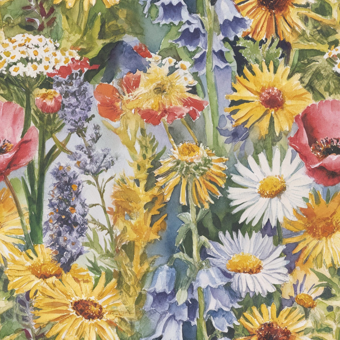 wildflowers, watercolor style, yellow daisies, white daisies, red poppies, purple flowers, lavender sprigs, botanical illustration, floral pattern, quilting cotton, fabric panel, spring flowers, summer blooms, natural motifs, painterly style, mixed florals, garden flowers, artistic rendering, soft brushstrokes, vibrant colors