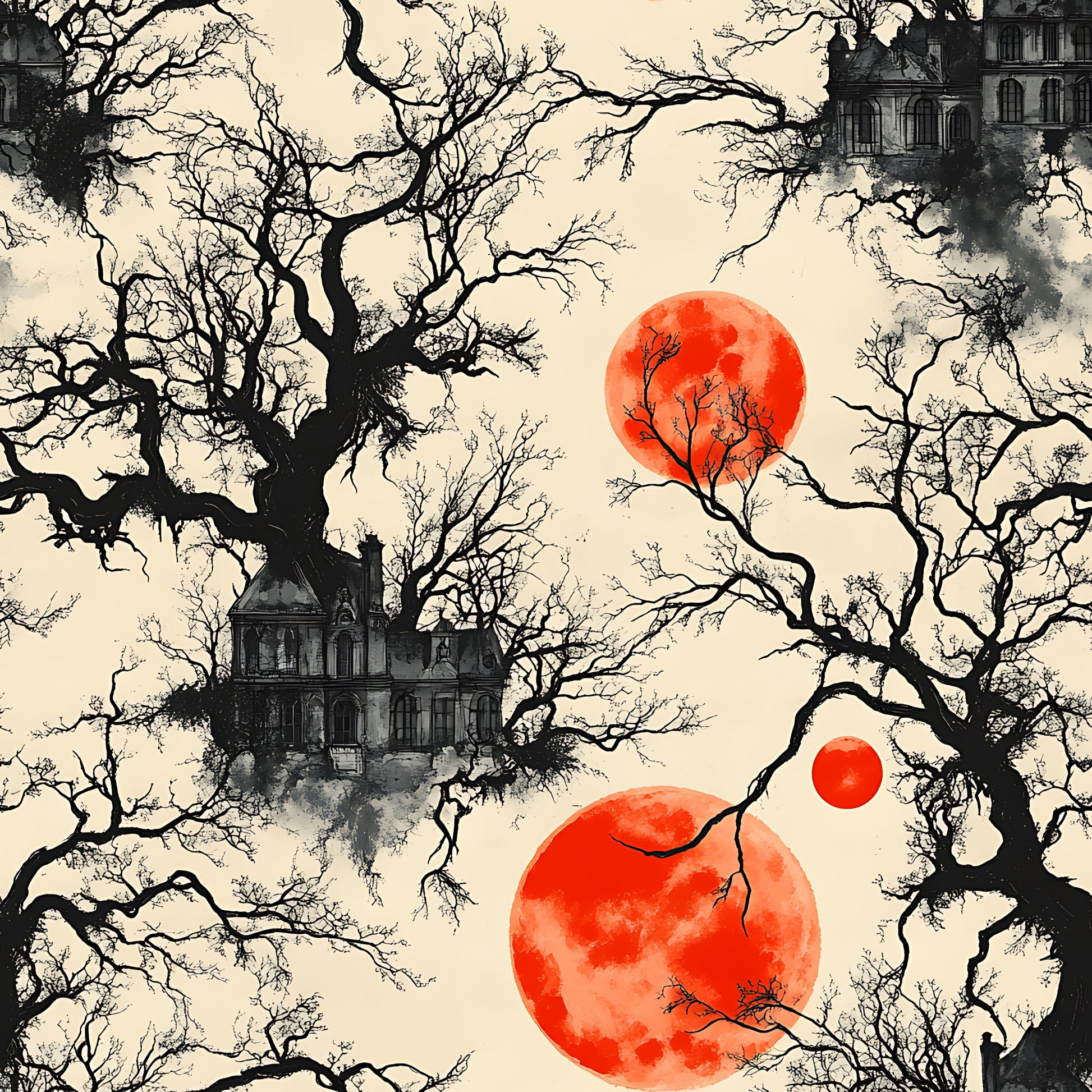 blood moon, gothic manor, bare branches, orange red circles, spooky mansion, halloween fabric, eerie atmosphere, leafless trees, haunted house, quilting cotton, fabric panel, dark silhouettes, autumn colors, cream background, gothic architecture, mysterious mood, horror theme, seasonal design, bare trees, victorian house