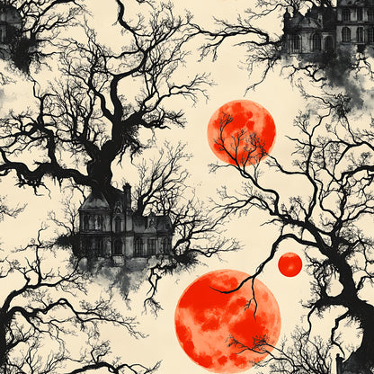 blood moon, gothic manor, bare branches, orange red circles, spooky mansion, halloween fabric, eerie atmosphere, leafless trees, haunted house, quilting cotton, fabric panel, dark silhouettes, autumn colors, cream background, gothic architecture, mysterious mood, horror theme, seasonal design, bare trees, victorian house